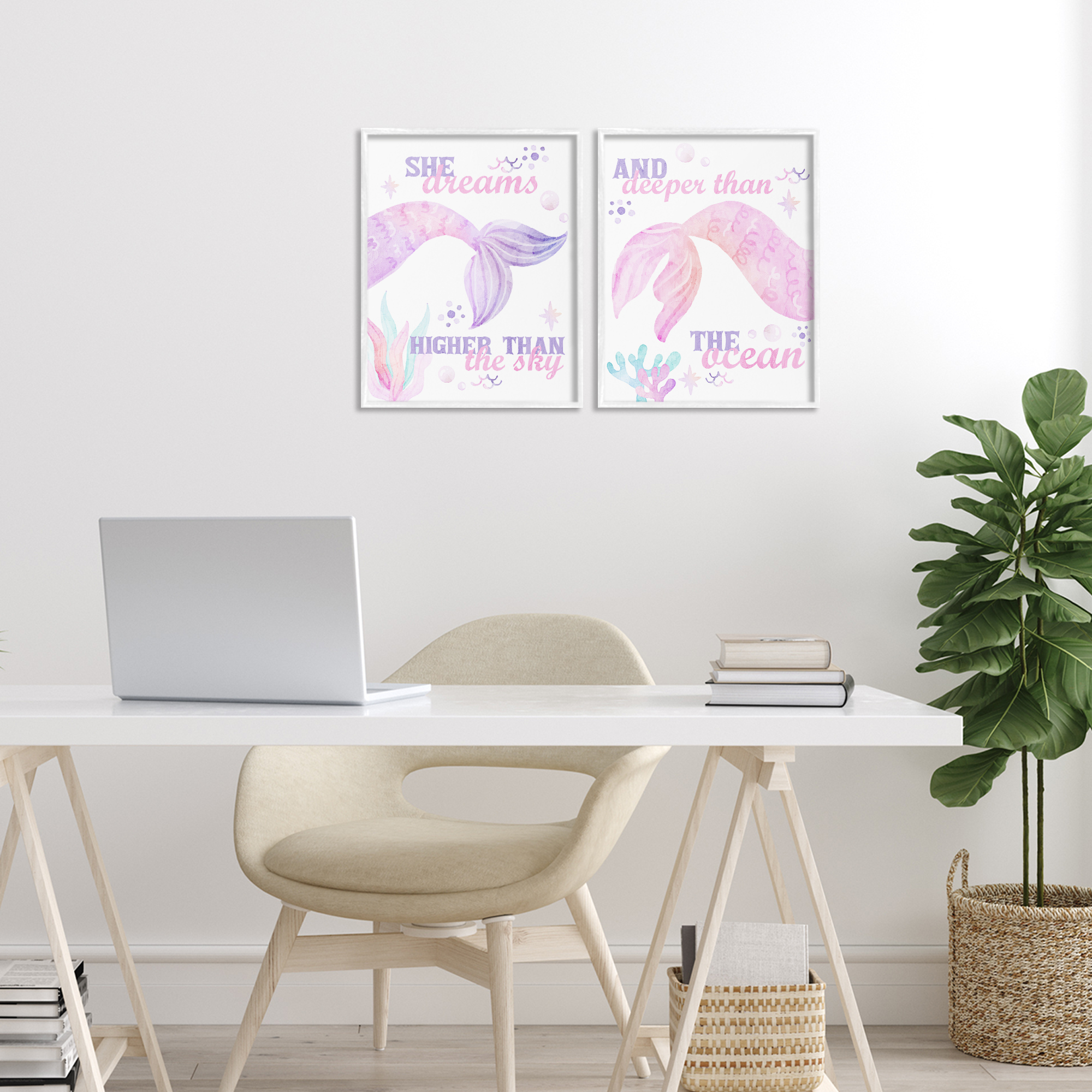 Mermaid Dreams Ocean & Sky 2 Piece White Framed Giclee Art Set, design by Kim Allen