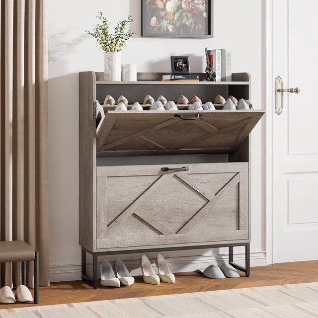 Shoe Storage Cabinet with Flip Drawers Freestanding Shoe Organizer Shoe Cabinet with Metal Legs Narrow Shoe Rack Cabinet Farmhouse Slim Shoe Cabinet for Entryway Hallway