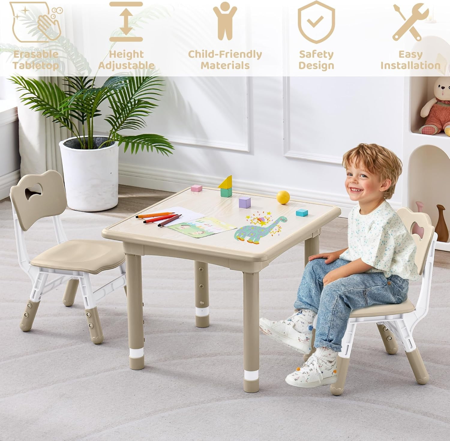 DOREROOM  Kids 3-Piece Multifunction Activity Table and Chair Set, Off-White