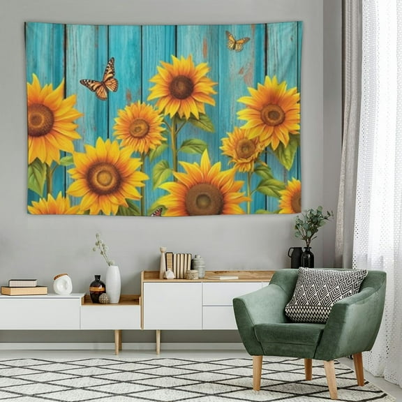 PRATYUS  Rustic Sunflower Butterflies Tapestry Wall Hanging Farmhouse Country Tapestries Teal with Floral Print Art for Living Room Dorm Bedroom Tablecloth Picnic Home Decor 60x40 Inch 60x40in