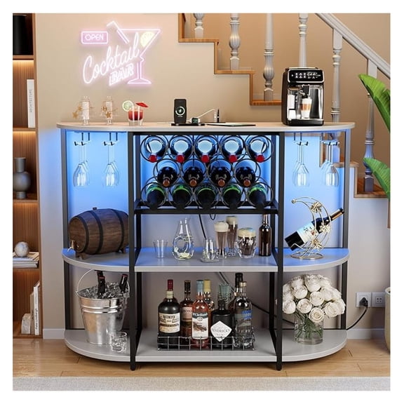 WDZS Wine Bar Cabinet with LED Lights and Power Outlets, Freestanding Coffee Liquor Bar Cabinet with Glass Holder, Wine Rack Table for Home Kitchen Dining Room (White)