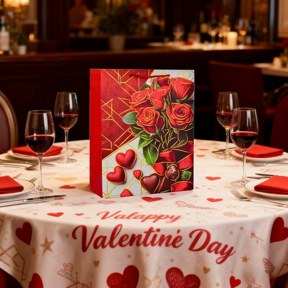 Eoozwa 1 Packs Romantic Red Rose Gift Bag for Valentine's Day, Portable Paper Gift Package with Sturdy Handles, Perfect for Her, Anniversary, Wedding Party Favor, Reusable Holiday Gift Bag