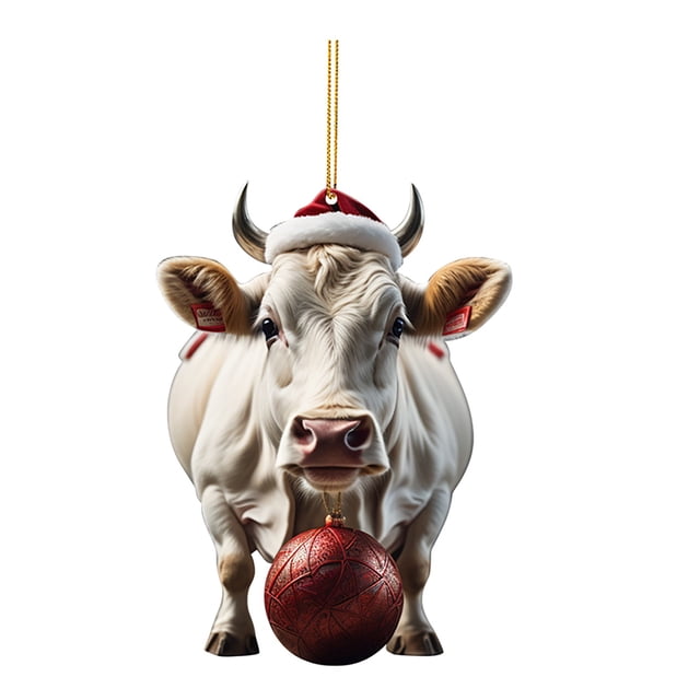 Huanglei 2D Acrylic Cartoon Fun Christmas Cow Christmas Tree Ornament Acrylic Christmas Cartoon Cute Cow Ornament Double Print White Elephant Gift Ornament