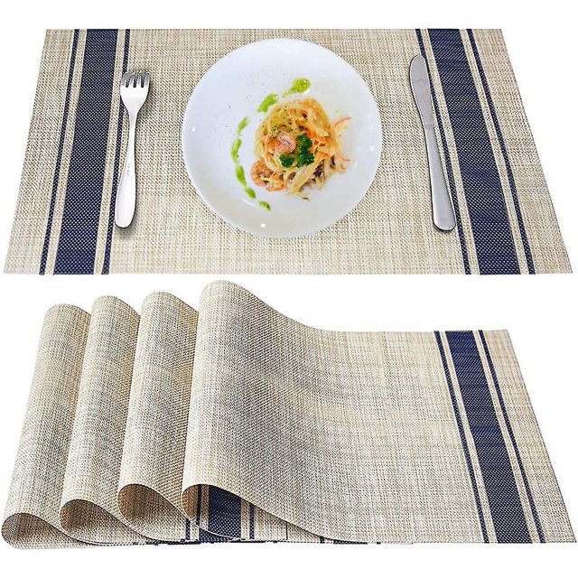 Juego de mesa de comedor de 6 manteles de vinilo de tejido cruzado antideslizantes, resistentes al calor, color azul, lavables y fáciles de limpiar