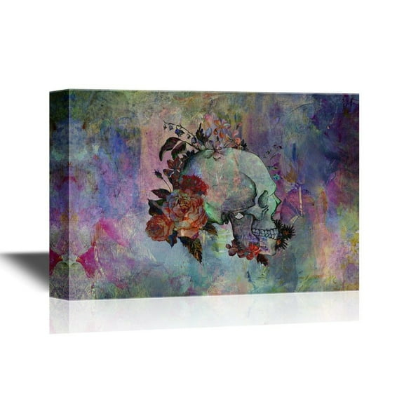 wall26 - Canvas Wall Art - Skull with Flowers on Abstract Color Background - Gallery Wrap Modern Home Art | Ready to Hang - 32x48 inches