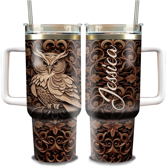 Personalized Owl Tumbler Insulated Cup With Lid Wooden Drawings Tumbler 40oz with Handle and Straw Coffee Travel Mug Custom Name Gifts Themed Animal For Men Women Teen Owls Lover