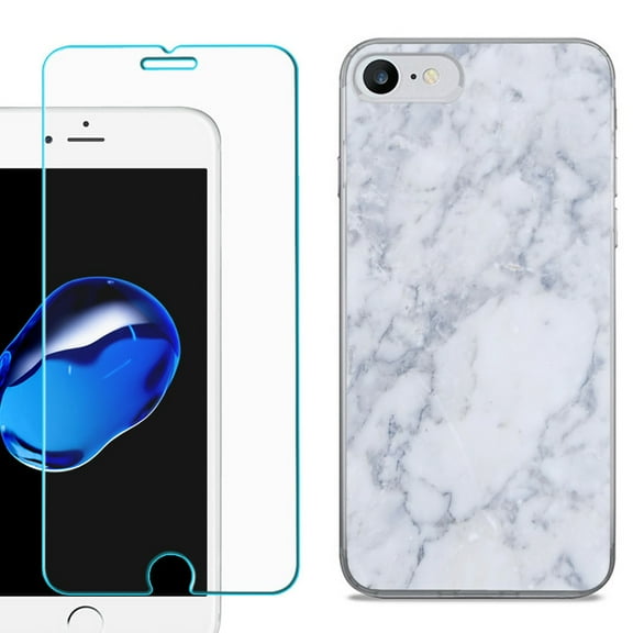 For Apple iPhone SE 2020 Case, Slim-Fit TPU Phone Case, with Tempered Glass Screen Protector, by OneToughShield ® - Marble / Clouds