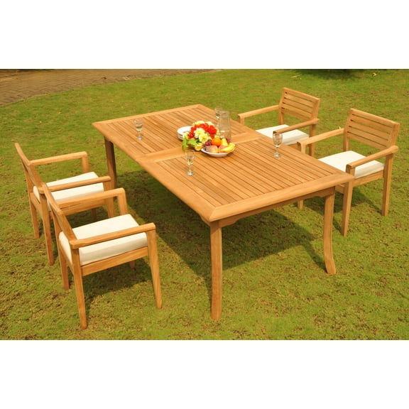 Teak Dining Set: 4 Seater 5 Pc: 117" Rectangle Table & 4 Montana Stacking Captain/Arm Chairs Outdoor Patio Grade-A Teak Wood WholesaleTeak #WMDSMTx