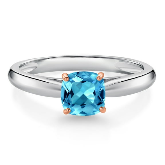 Gem Stone King 0.65 Ct Cushion Swiss Blue Topaz 10K White Gold Engagement Ring with Rose Gold Prongs (Size 6)