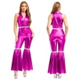 thumbnail image 5 of YiZYiF Womens Metallic Shiny 70s 80s Disco Outfit V neck Sleeveless Bell Bottom Dance Jumpsuit Hot Pink M, 5 of 6