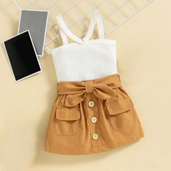 AURIGATE Baby and Toddler Girl Dress Toddler Baby Girls Summer Suspender Top Bow Knot Skirt Two-piece Set Children's Clothing