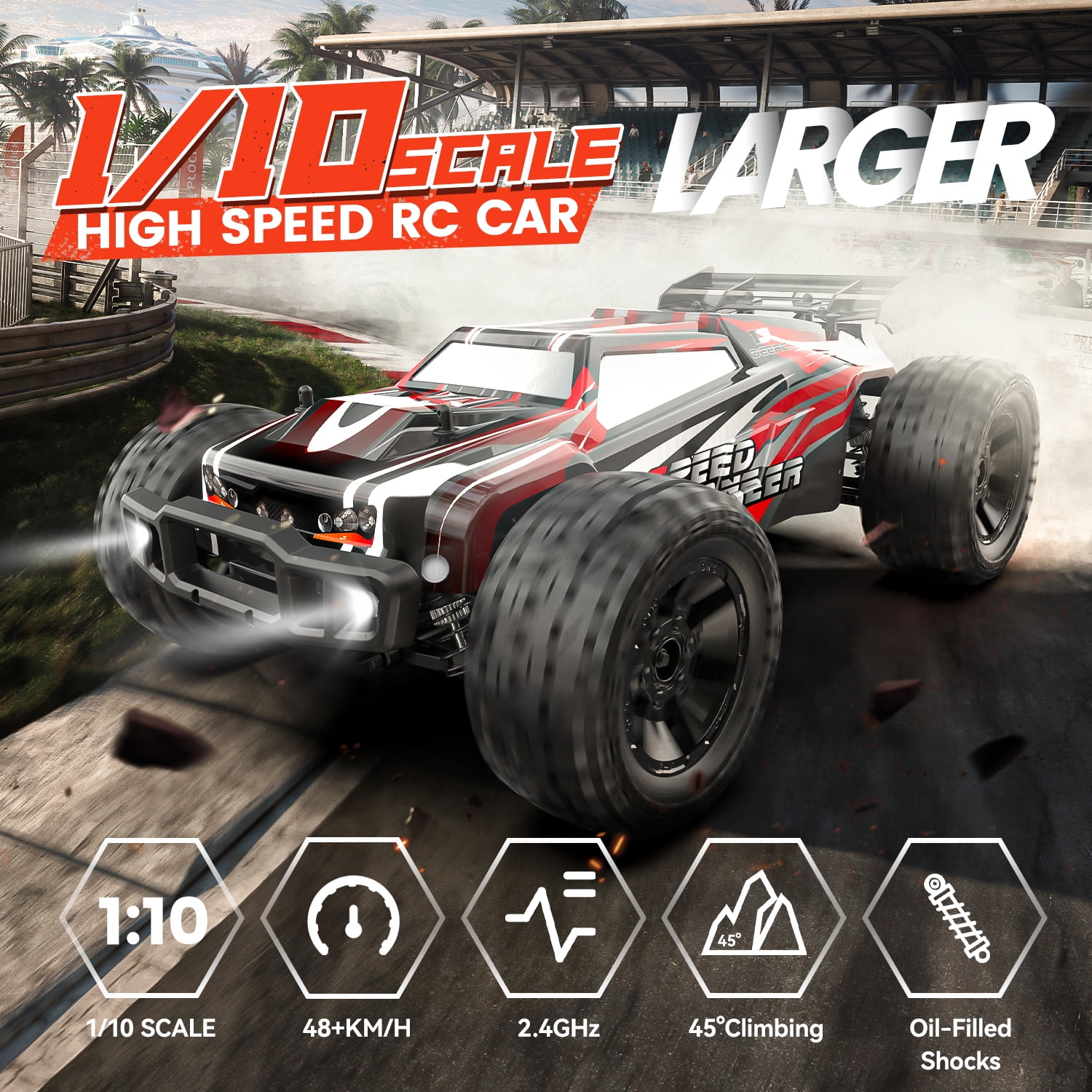 DEERC 9206E 1:10 Scale RC Cars,48+ KM/H Hobby Grade High Speed Remote Control Car for Adults Boys,All Terrain 4WD 2.4GHz RC Monster Truck with 2 Battery for 40+ Min Play