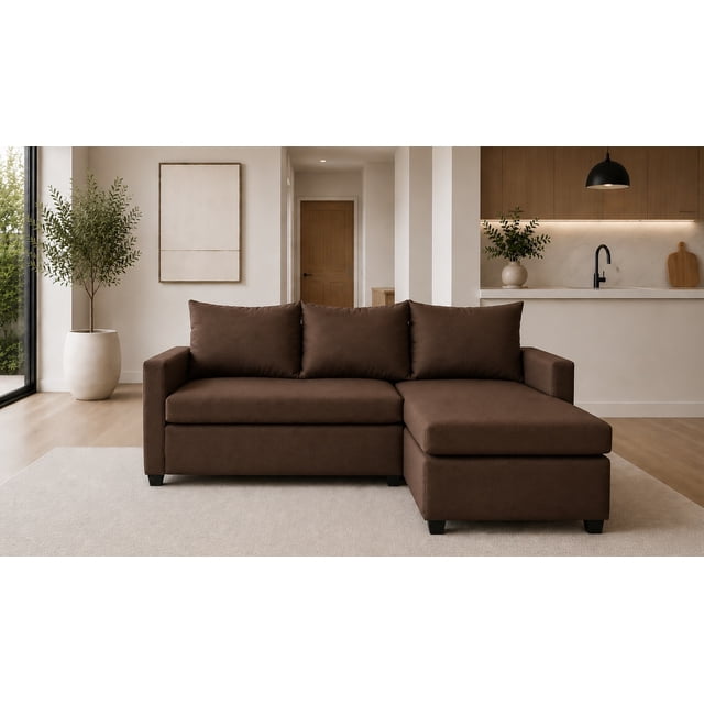 sala esquinera modular el bazar store vancouver chocolate 175x130 cm sofa lado derecho ó izquierdo económica, tela lino — Esquinera modular tapizada en tela lino color chocolate, chaise longue a la derecha en vista frontal, silueta recta con brazos bajos y patas cortas negras. Tres cojines de respaldo desplegables y asiento con hule espuma de alta densidad; medidas 175x130 cm. Ambientación minimalista con alfombra clara; también suele usarse como sofá cama improvisado en espacios pequeños.