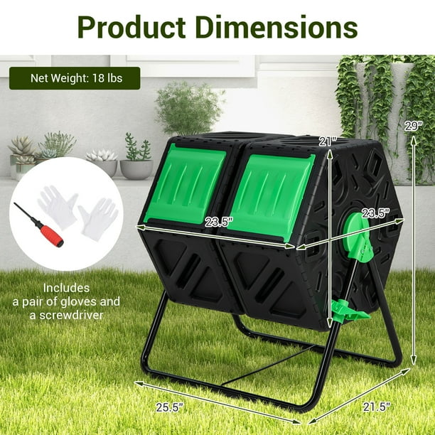 Dual Chamber Garden Compost Tumbler with Sliding Doors-Black & Green | Costway
