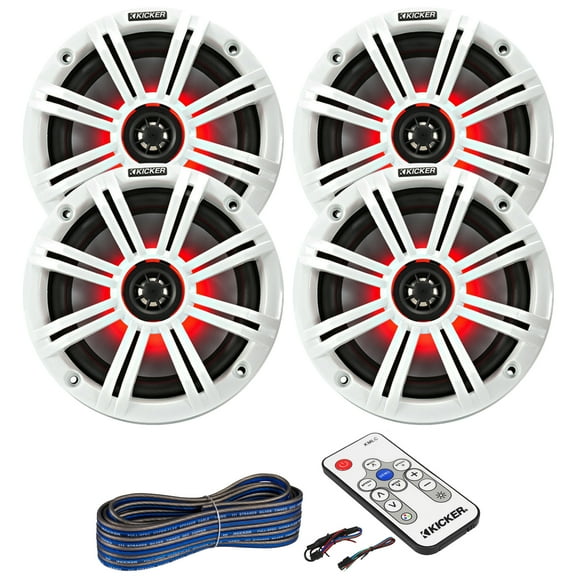 2 Pair (QTY 4) of Kicker 6.5" 2-Way 195 Watts Max Power Coaxial Marine Audio MultiColor LED Speakers with White Grilles, LED Speaker Remote Control, 50 Feet 16-Gauge Speaker Wire