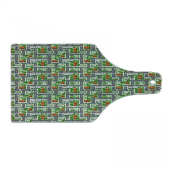 Car Race Track Cutting Board, Activity Suburb View with Houses Gardens and Trees Cartoon Design, Decorative Tempered Glass Cutting and Serving Board, Wine Bottle Shape, Multicolor, by Ambesonne