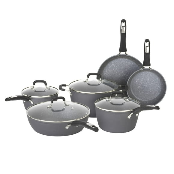 Bialetti Impact 10-Piece Textured Aluminum Cookware Set with Pots, Pans, and Dutch Oven, Nonstick Pots and Pans Set for Kitchen, Gray