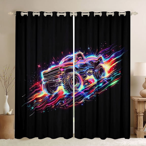Manfei Monster Truck Kitchen Curtains,Neon Lights Print Black Out Curtains Pack of 2 (42x63 Each),Black
