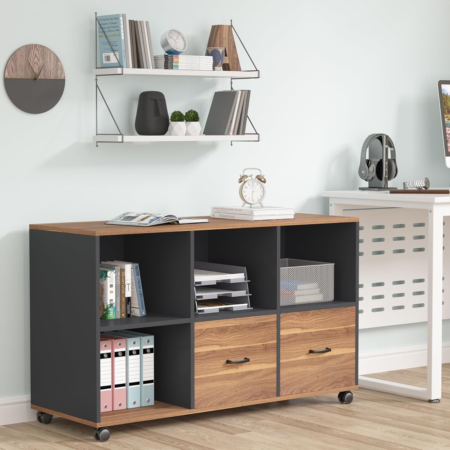 Tribesigns Mobile Lateral File Cabinets with 2 Drawers and 4 Storage Cubes (Brown and Black)