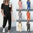 thumbnail image 7 of gakvbuo Sets For Women 2 Piece Outfits Tracksuits With Pockets Crewneck Short Sleeve T-Shirts Elastic Waist Drawstring Sweat Pants Loose Trendy Summer Pajamas Sweatsuits Jogger Sport Sets, 7 of 7