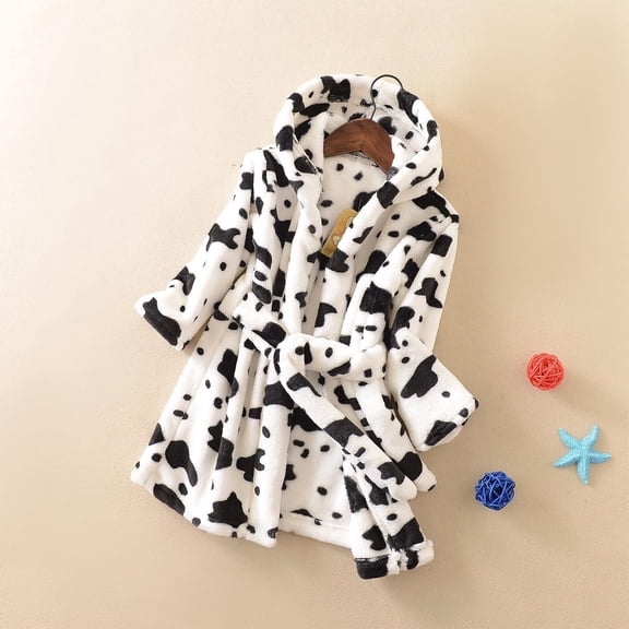 ATOGUTA Boys Girls Robe Fleece Bathrobe Unisex Boys Girls Flannel Hooded Fleece Bathrobe Winter Warm Pajamas White, Size 6-12