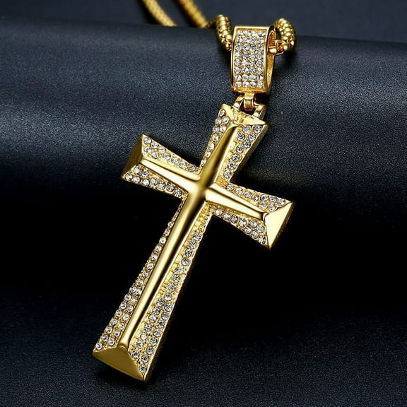 Hip Hop Iced Out Big Knight Cross Pendant Male 14K Yellow Gold Christian Necklace For Men Religious Jewelry Gift