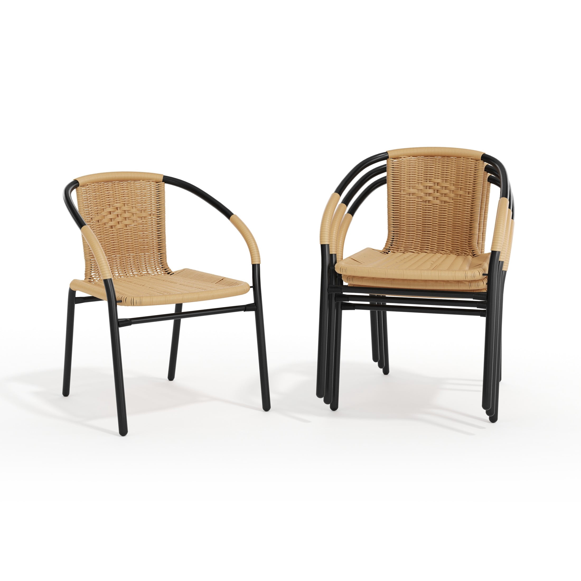 Flash Furniture Set of 4 Commercial Grade Beige Rattan Indoor-Outdoor Restaurant Stack Chairs