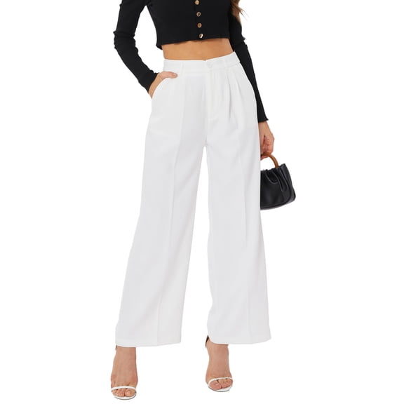 Women Office Wide High Waist Pants Loose Fit Elastic Waist Pleated Front Trousers for Work Casual