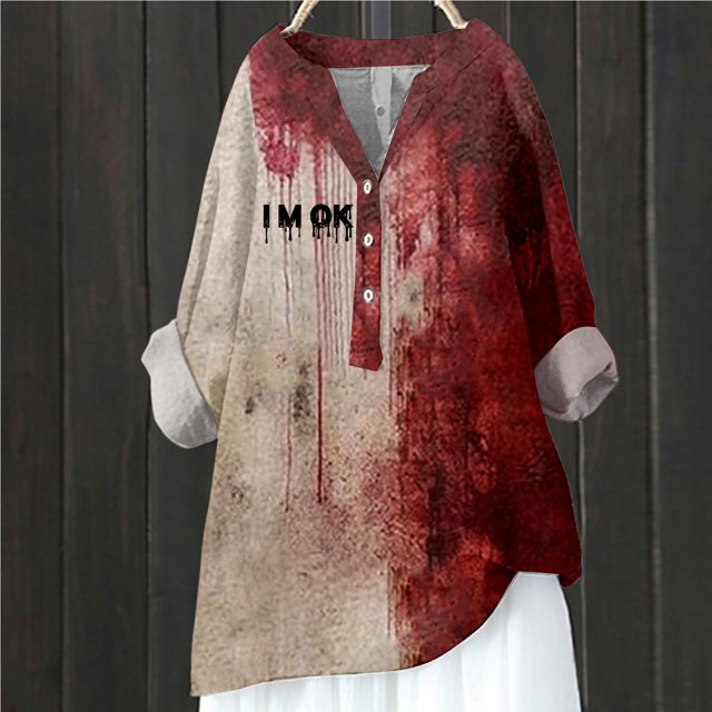 MHFRRA Camiseta de Halloween para Mujer, Blusa de Cuello En V con Estampado de Manchas de Sangre, Top Informal para Primavera, Verano y Otoño Púrpura Claro