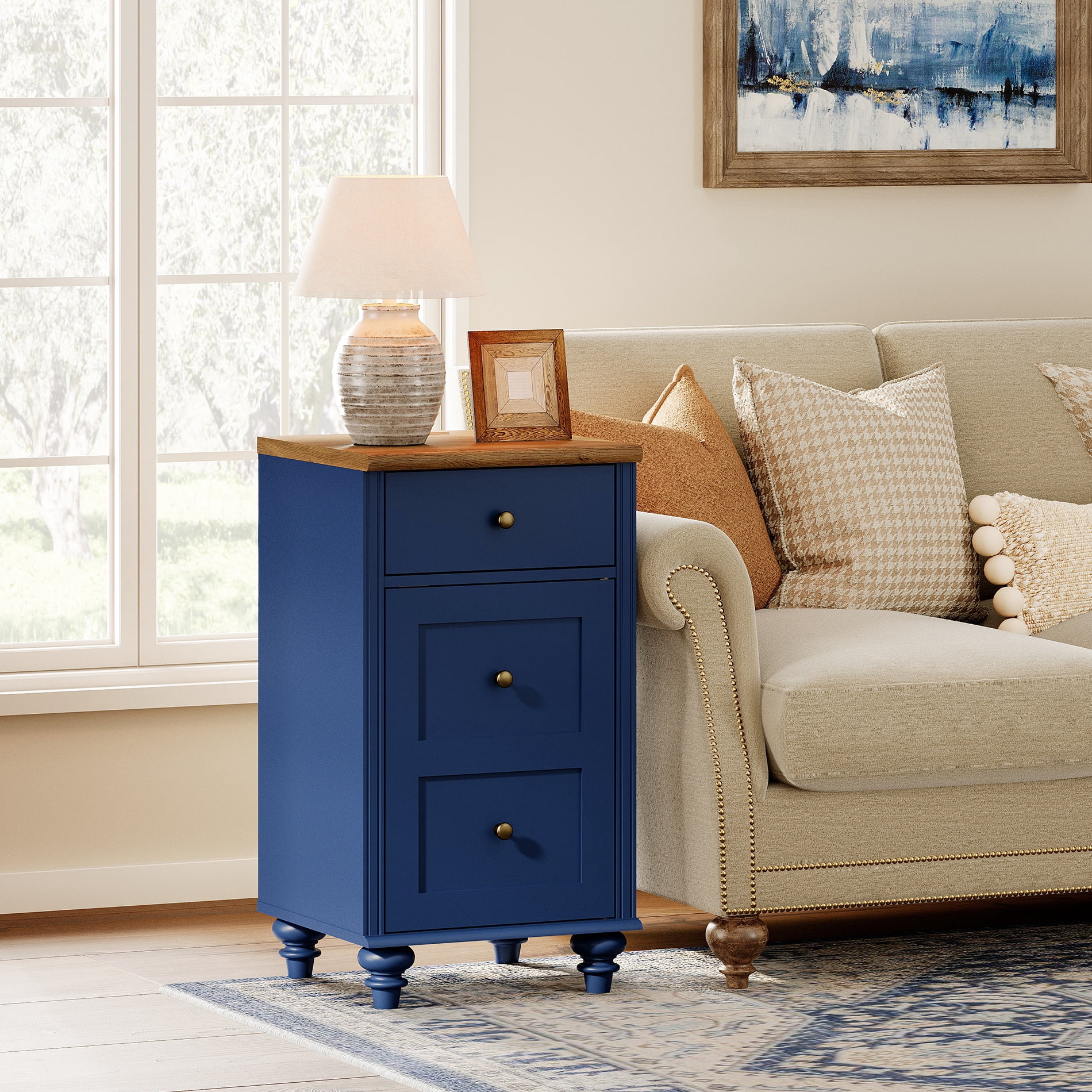 End Table with Charging Station, Nightstand with Power Outlets & USB Ports, Navy Blue, 2 PCS