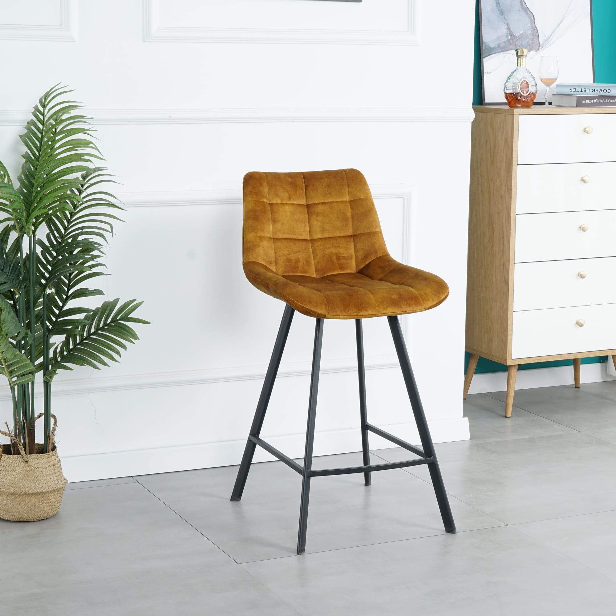 Kepooman 2 Pcs Leisure Barstool with Metal Legs, Modern Nordic Counter Height Bar Chair, Dark Yellow
