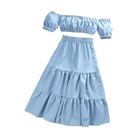 

BJUTIR Girls Summer Outfits Little Child Big Kids One Shoulder Short Sleeved Tops Pleated Long Skirt Solid Color Suit