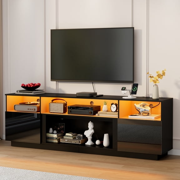 Aphthongs 80" LED TV Stand with Power Outlet for 90/80/75 Inch TVs, High Glossy Modern Entertainment Center TV Media Console Gaming with 2 Storage Cabinets for Living Room, Bedroom