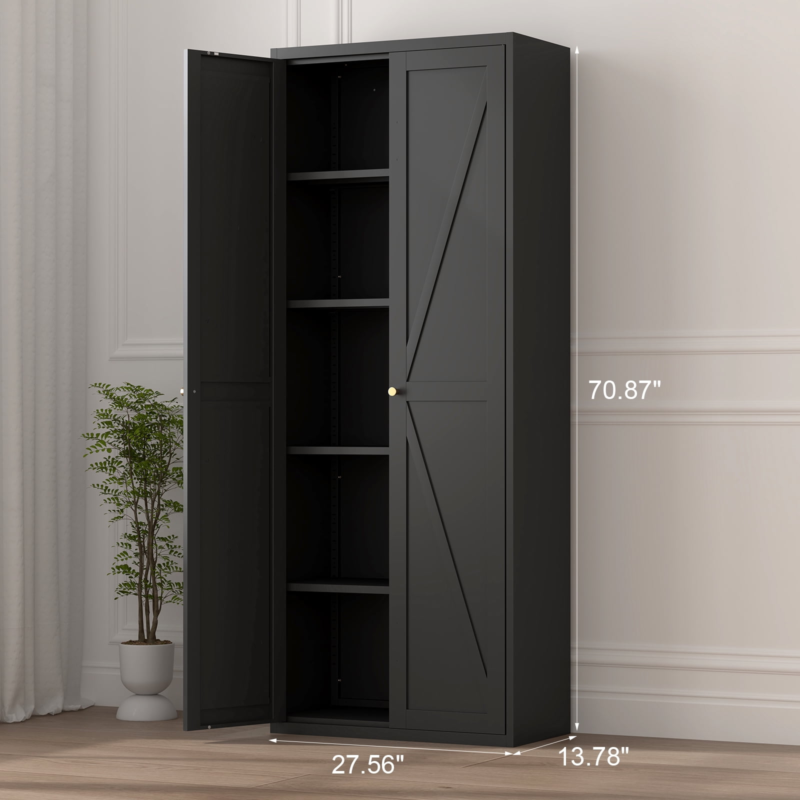 Marcree 71" Metal Storage Cabinet with 2 Doors and 4 Adjustable Shelves, Black Kitchen Pantry Storage Cabinet, 5-Tier Tall Steel Cabinet Locker for Kitchen, Living Room, Dining Room