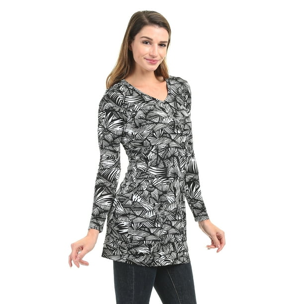 Made by Johnny MBJ Womens WT1343 Print V Neck Long Sleeve Tunic Top