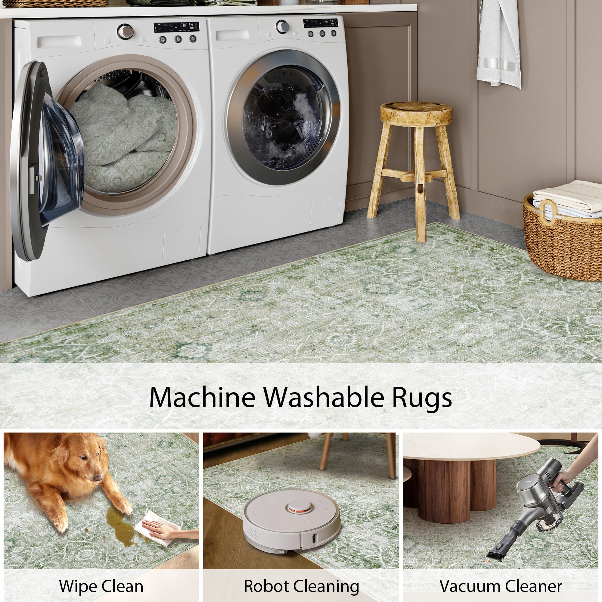 Lahome Washable Area Rug 5x7, Large Green Rugs for Living Room Vintage Soft Rugs for Bedroom, Non Slip Ultra-Thin Stain Resistant Dining Room Floor Carpet for Entryway Kitchen Office