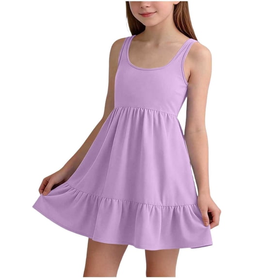 ATOGUTA Girl Summer Dress Purple Sleeveless Ruffle Flowy Summer Casual Beach Hawaiian Vacation Dresses 5T-15