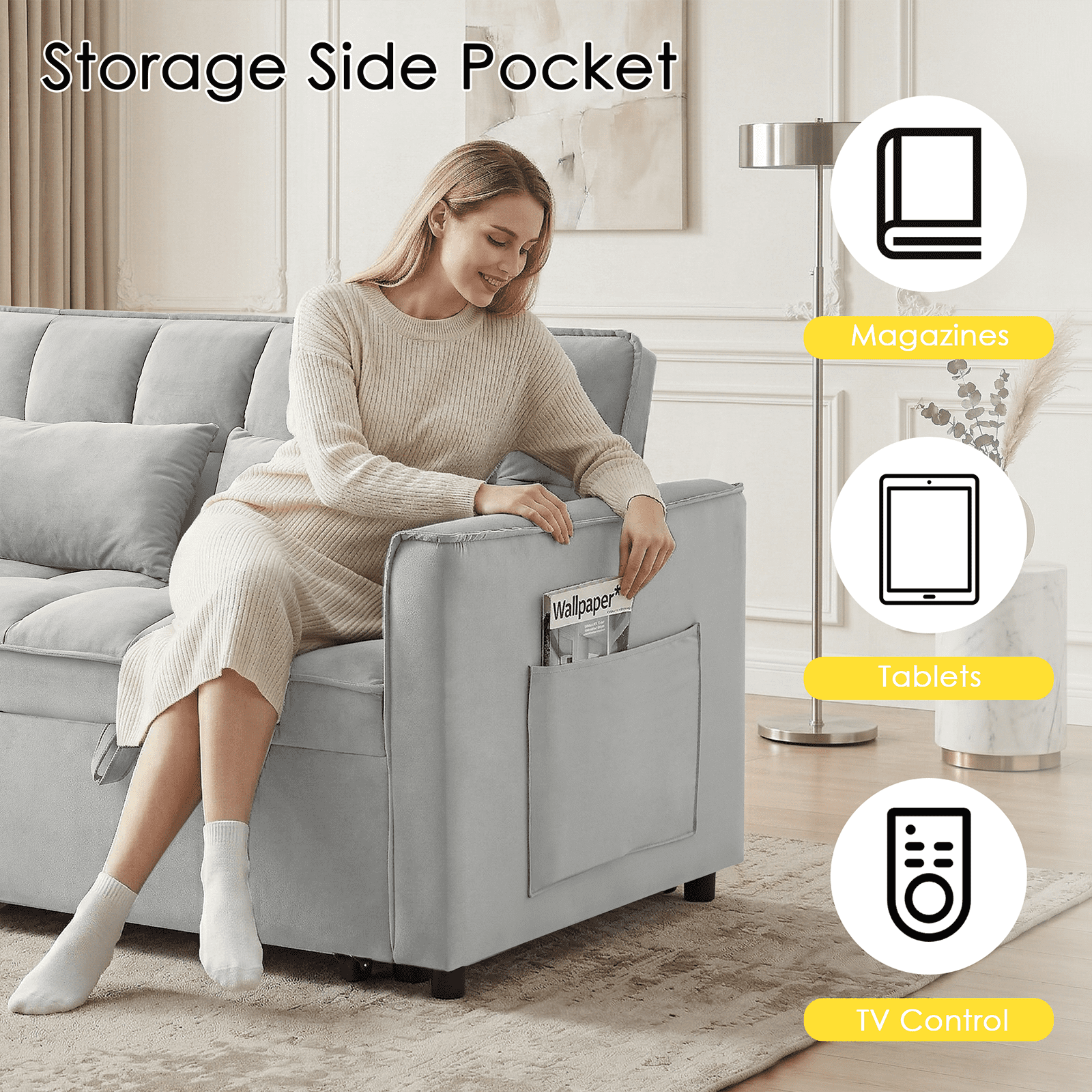 Amuille 3 in 1 Convertible Sleeper Sofa Bed, 54" Velvet Fabric Loveseat, Pull Out Couch for Living Room and Apartment (Light Gray)