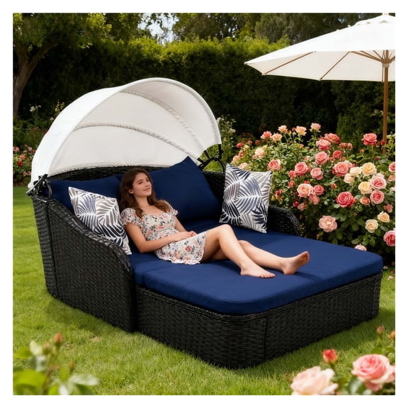 Outdoor Bed Lounger Patio Day Bed - All Weather Rattan Wicker Double Sunbed with Adjustable Canopy, Reclining Patio Conversation Sofa Set w/ 4 Pillows & Removable Cushion Covers