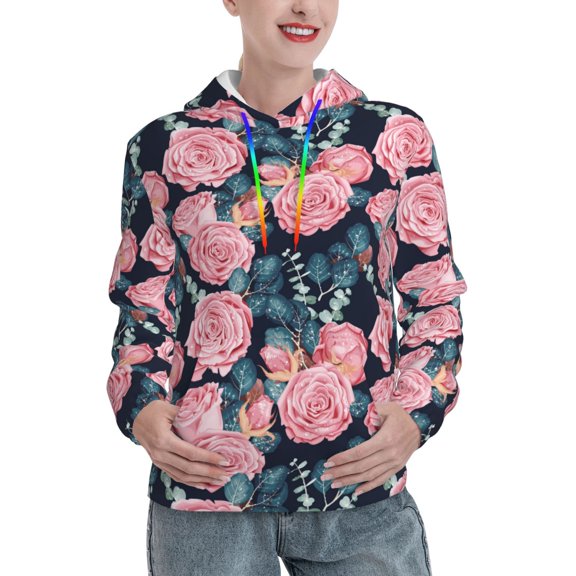 Tebeau Rose Flowers Print Womens Casual Hoodies Crew Neck Long Sleeve Sweatshirts With Pocket Lightweight Pullover Tops-Small