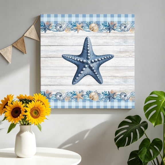 Canvas Wall Art Blue Anchor Coastal Canvas Art Print Summer Starfish Beach Coral Shell Wood Grain Pictures Wall Decor for Living Room Bedroom Artwork Decorations Framed Ready to Hang 16"x16"