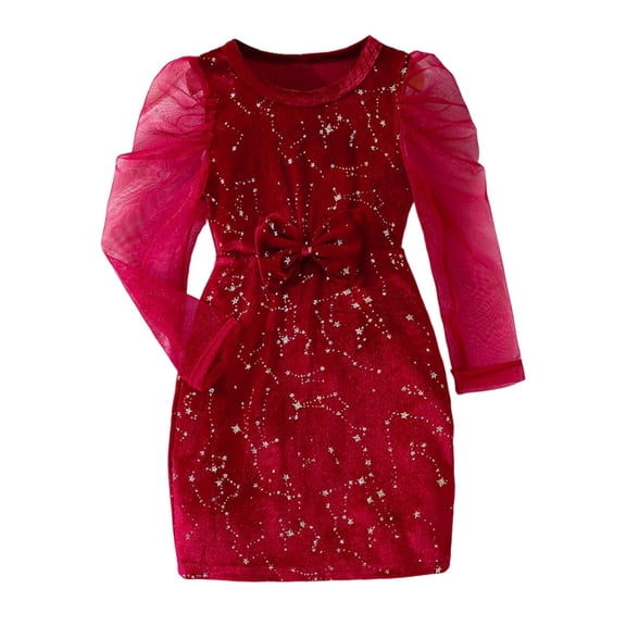 Tiijoy Toddler Girls Velvet Contrast Mesh Long Puff Sleeve Dress Princess Party Dress, Sizes 3-4
