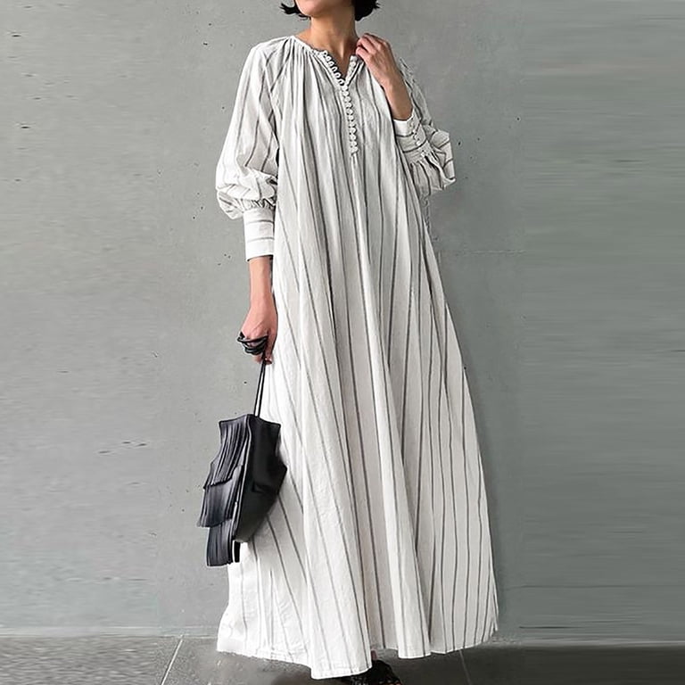 Henpk Summer Dresses for Women Striped T Shirt Dress Casual Midi Dress  Short Sleeve Sundress with Pockets Casual Loose Long Sleeve Loose Dress V  Neck Classic Dress White XL - Walmart.com