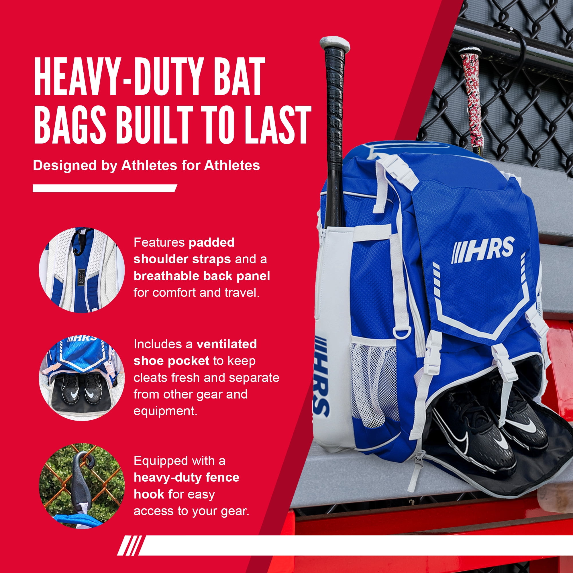 Hit Run Steal Bat Bag Backpack, Holds 4 Bats, Glove, and Helmet, Royal Blue