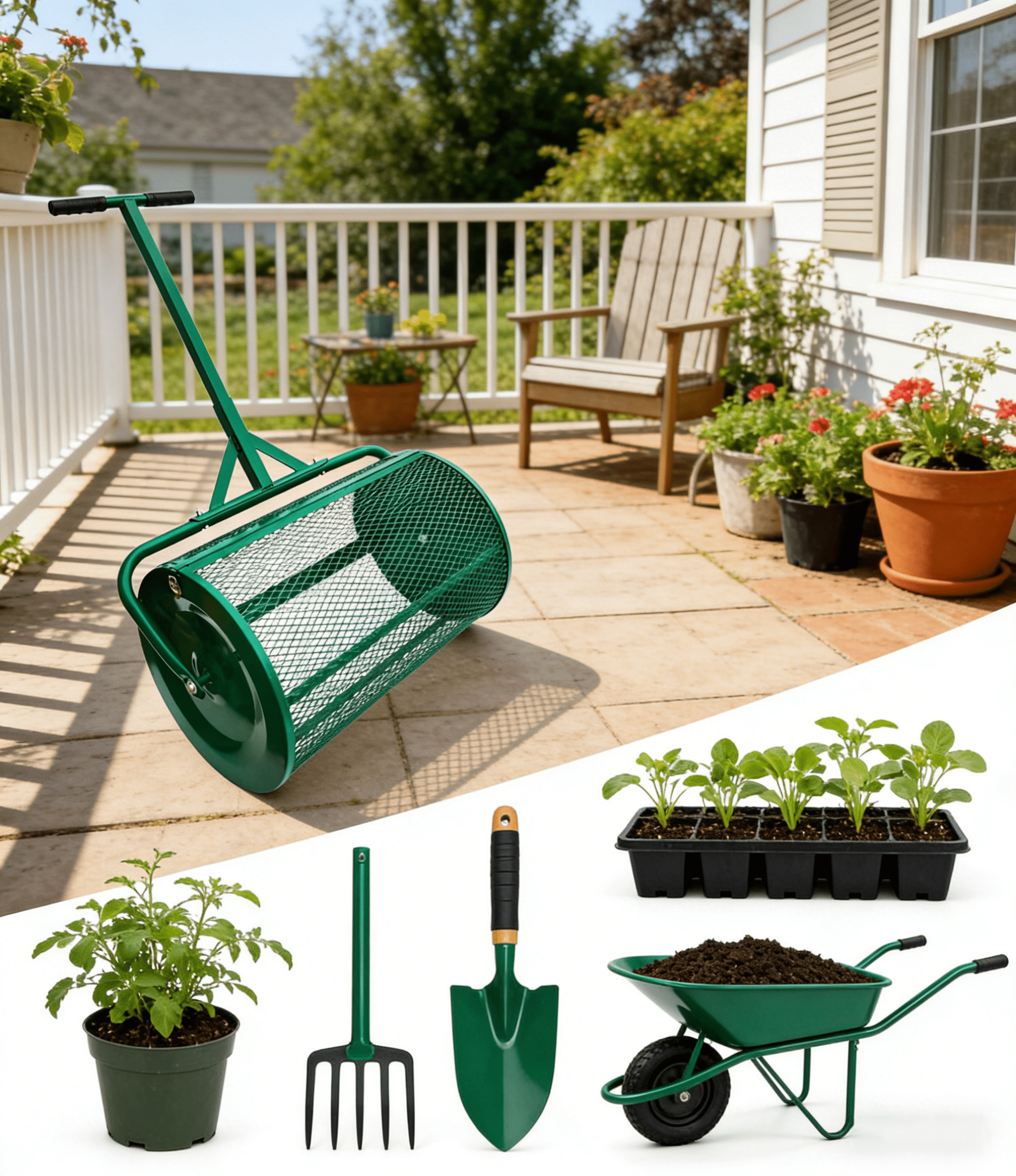 LuckyNote 24 Inch Compost and Peat Moss Spreader Roller, Top Soil Sand Manure Mulch Spreader, Lawn Top Dressing Garden Spreader, Green