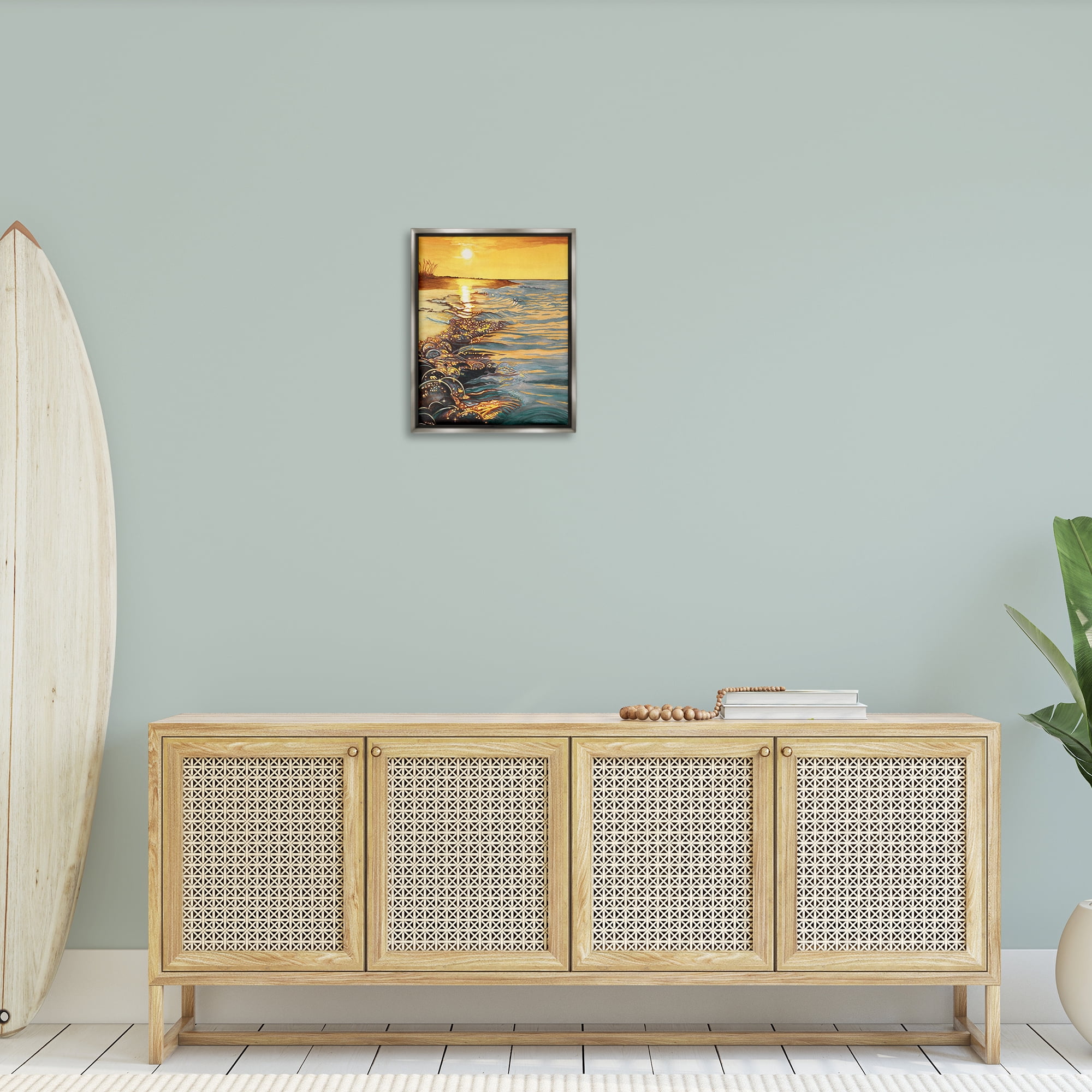 Stupell Industries Saltwater Beach Sunset Landscape Painting Gray Floater Framed Canvas Art Print Wall Art, 17 x 21