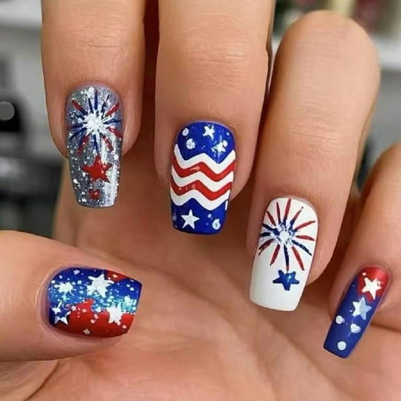 JZROCKER Press on Nails 4th of July Fake Nails Independence Day Glues on Nails Patriotic False Nails Full Covers Fake Nails