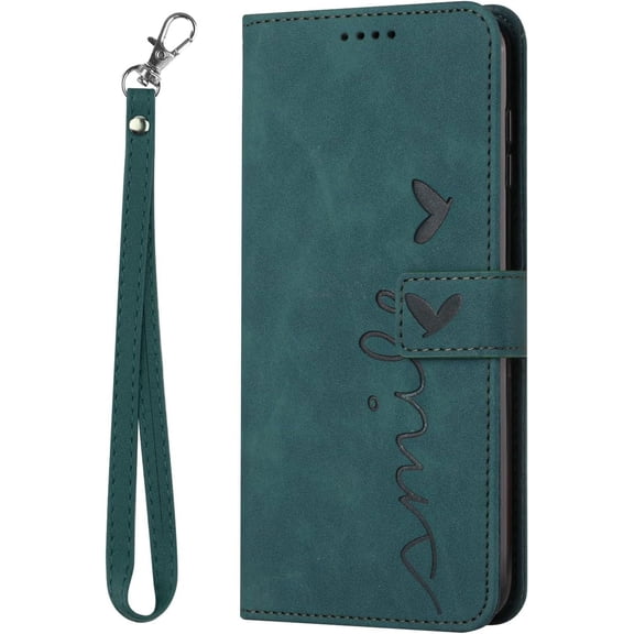 Galaxy A14 5G Wallet Case, Magnetic Leather Folio Cover for Samsung Galaxy A14 5G Flip Case with Card Holder Kickstand, Smile Theme Luxury Lanyard Case for Men Women (Green)