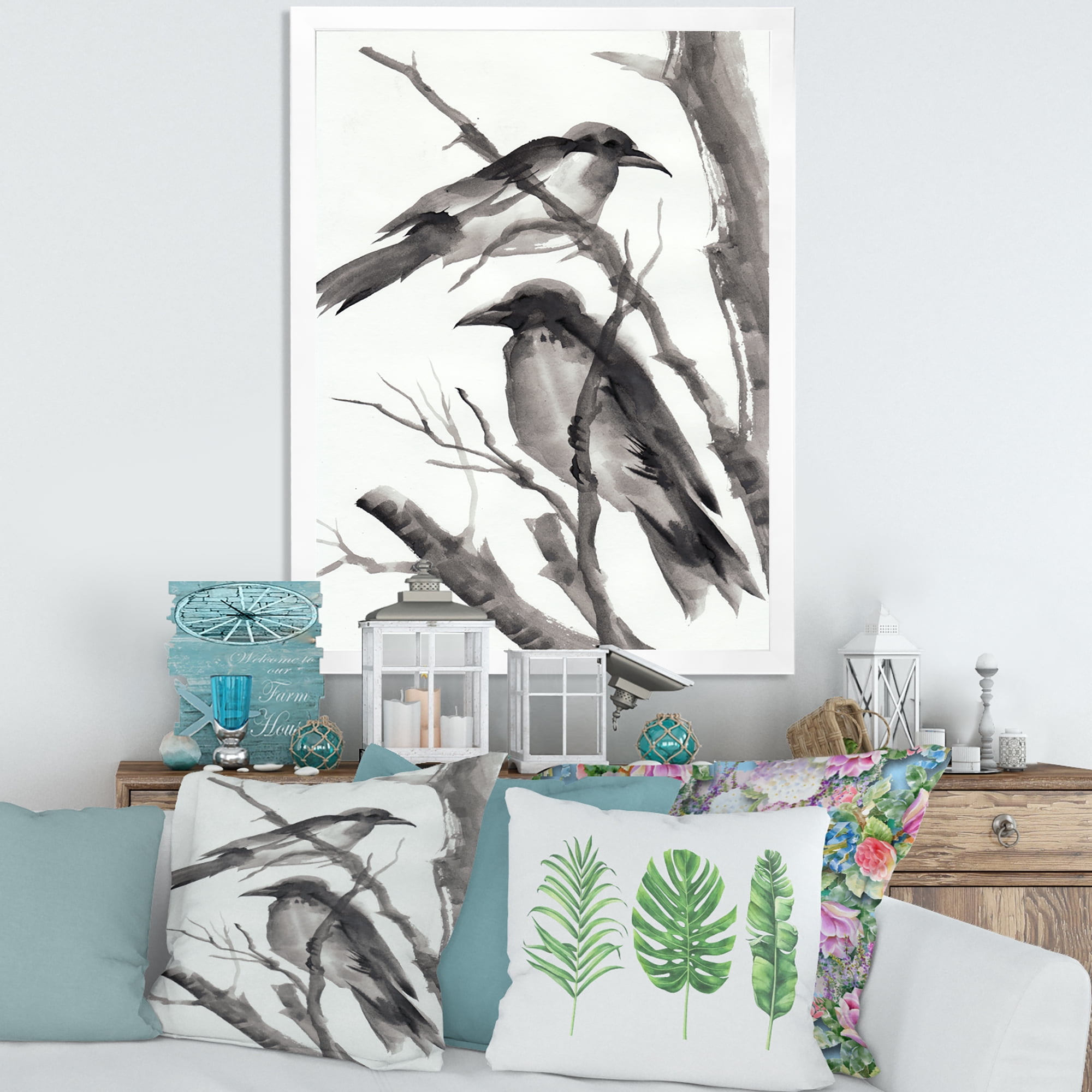 Designart 'Vintage Black and White Sleeping Crows' Traditional Framed Art Print