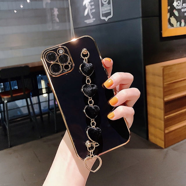 Corazón Pulsera Cadena Caso Para iPhone 13 12 11 pro XS max XR X SE2020 7 8 Plus Teléfono Titular De La Correa De Lujo Chapado Cuadrado Lente Cámara Protector Cubierta Trasera